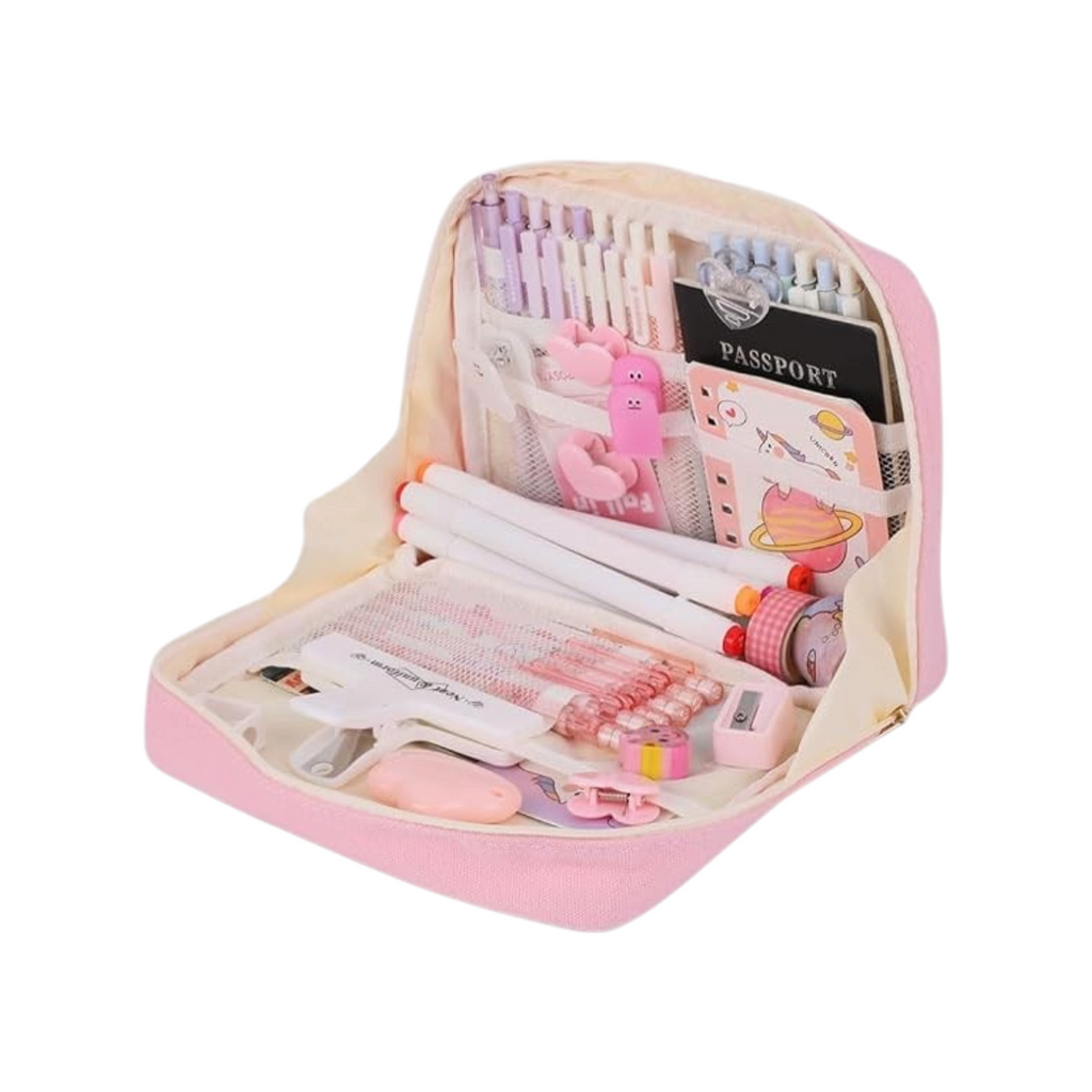Elite Stationery House pink wide opening pencil case with internal mesh pockets and stationery organization