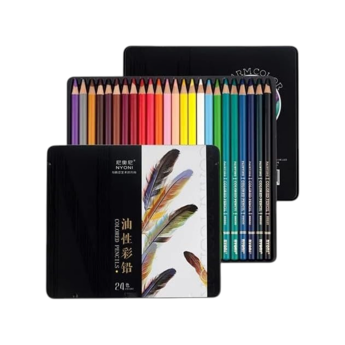 Elite Stationery House Neoni oil paint pencils set of 24 vibrant colors in a stylish black metal storage tin