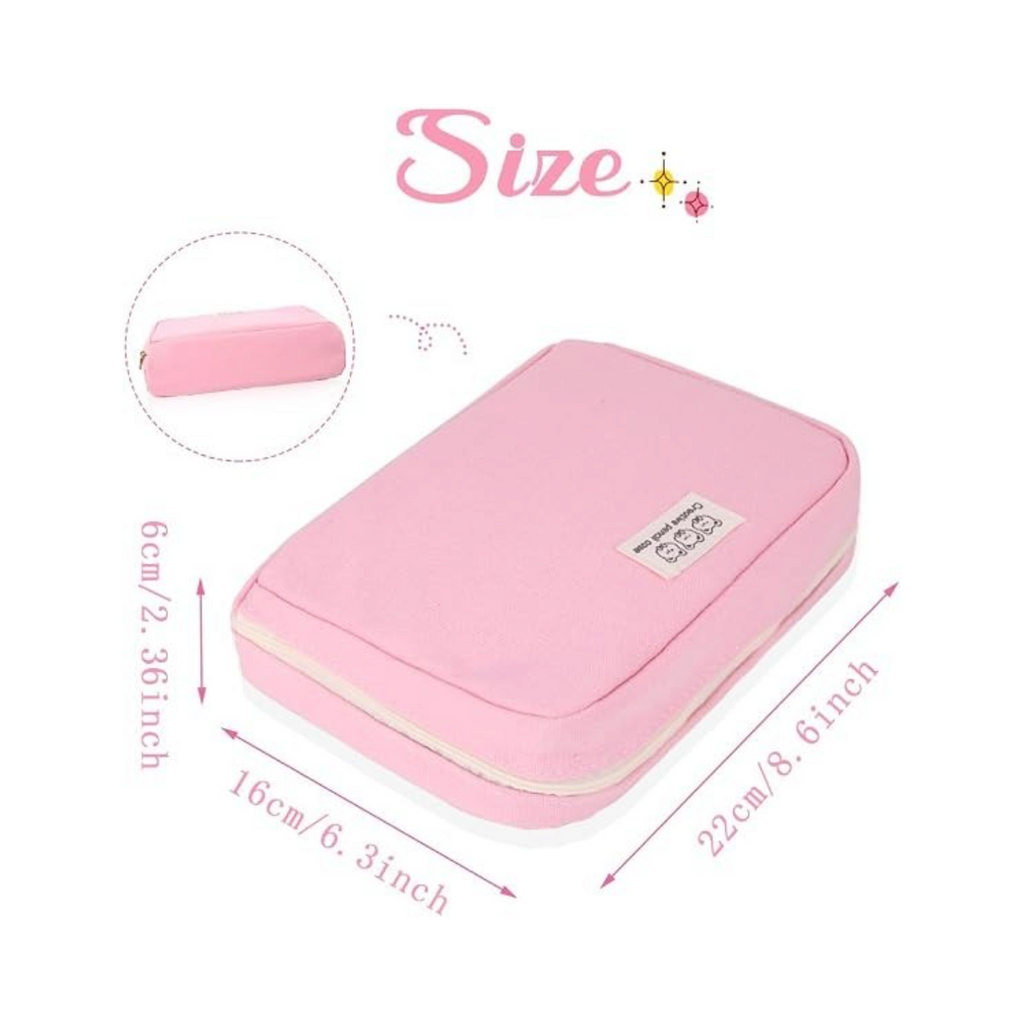 Elite Stationery House pink wide opening pencil case with side pockets and a small branded fabric label
