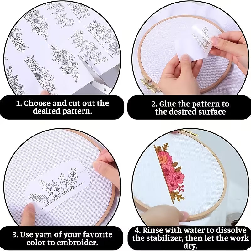 Water-Soluble Embroidery Stabilizer, Pack of 3 Floral Designs, Suitable for Embroidery Patterns,