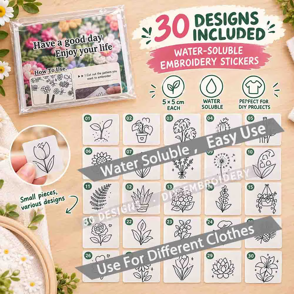 30pcs DIY Embroidery Stickers, Water-Soluble Floral & Botanical Transfer Designs