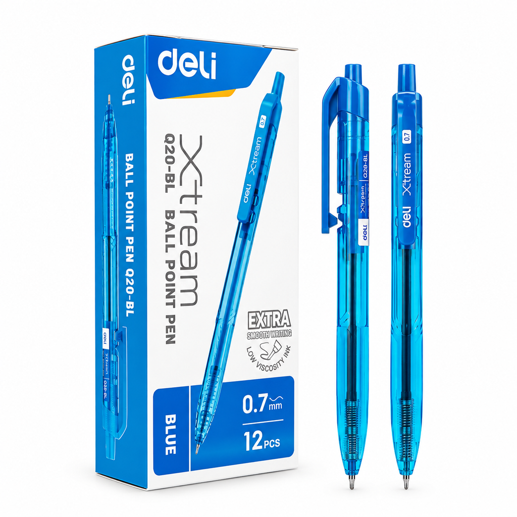 Deli Q20-BL 0.7 mm Tip Ballpoint Pen 12-Pieces, Blue Ink