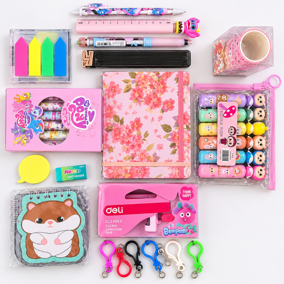 Elite Stationery House 38-piece cute stationery bundle featuring a floral notebook, gel pens, highlighters, and accessories