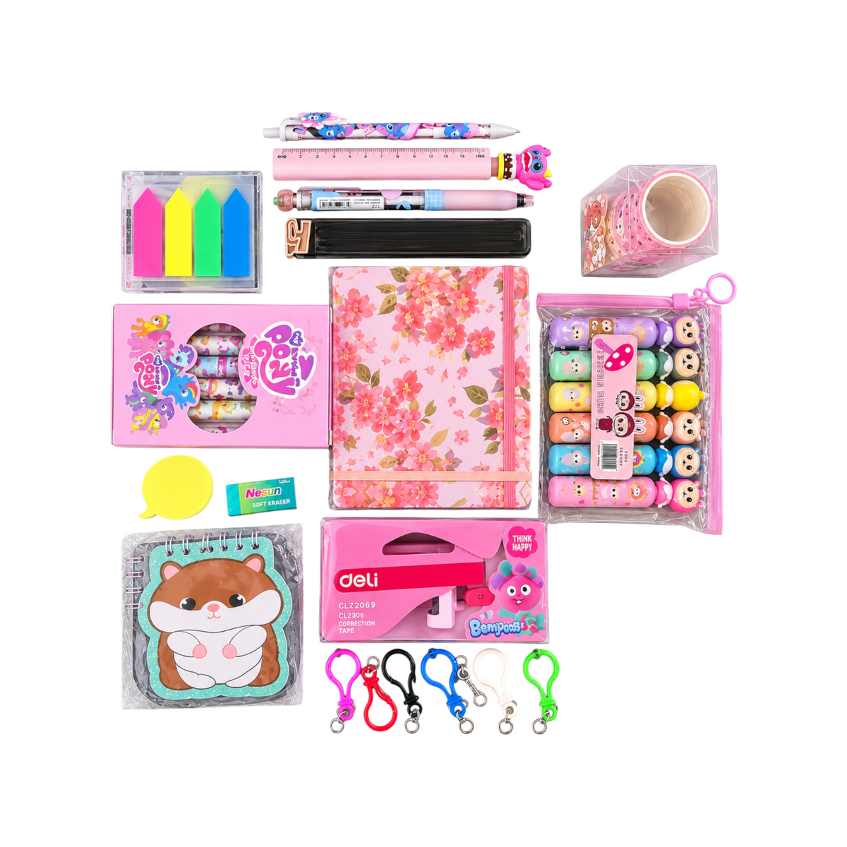Elite Stationery House 38-piece cute stationery bundle featuring a floral notebook, gel pens, highlighters, and accessories