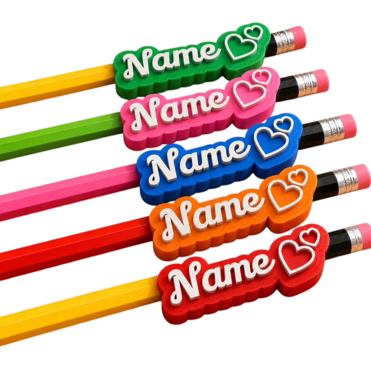 Elite Stationery House personalized 3D printed plastic pencil caps with heart designs on colorful pencils