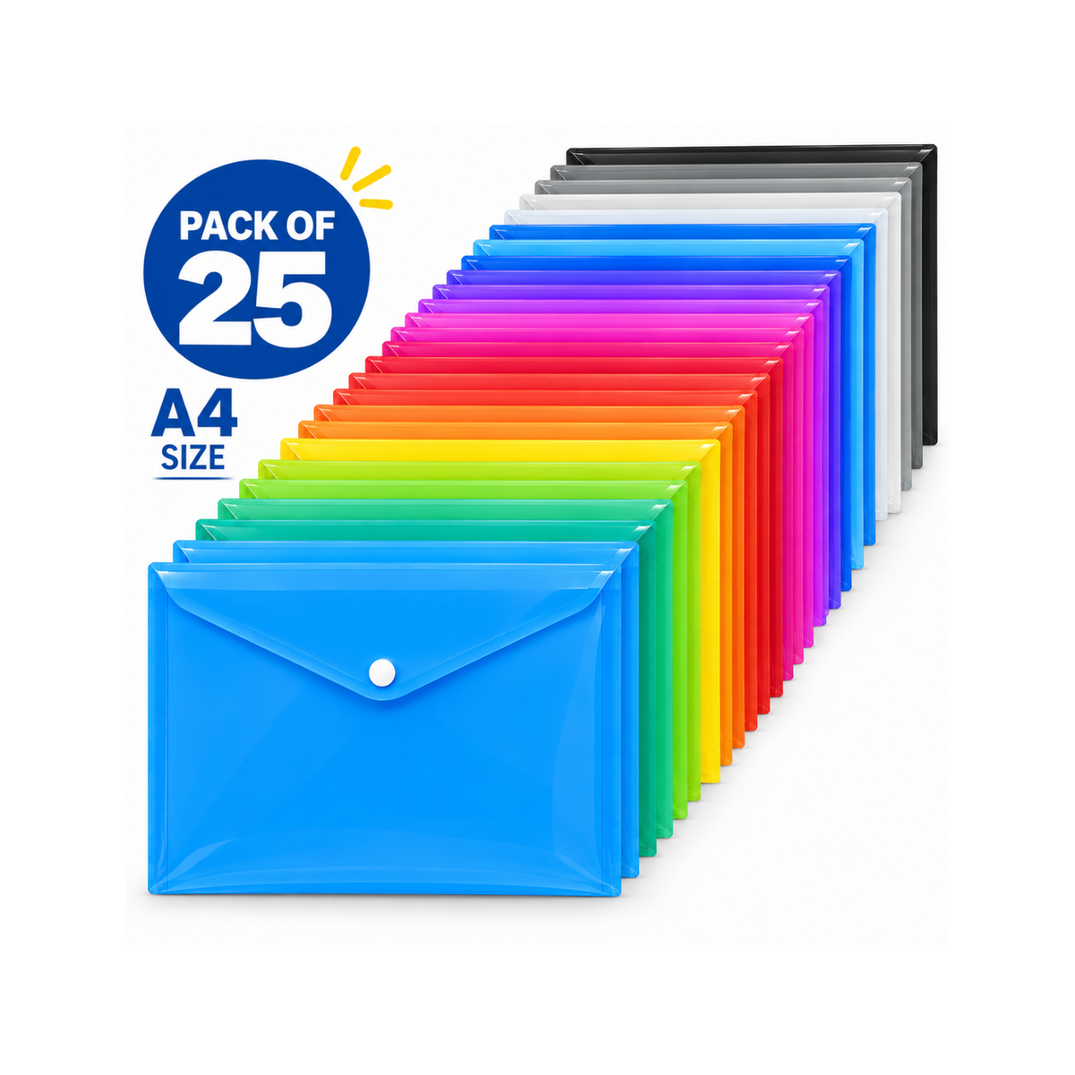 Elite Stationery House pack of 25 A4 transparent plastic popper wallets in assorted bright rainbow colours