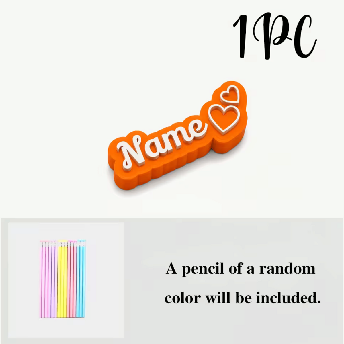 Elite Stationery House personalized 3D orange plastic name pencil cap with heart icon and one included pencil