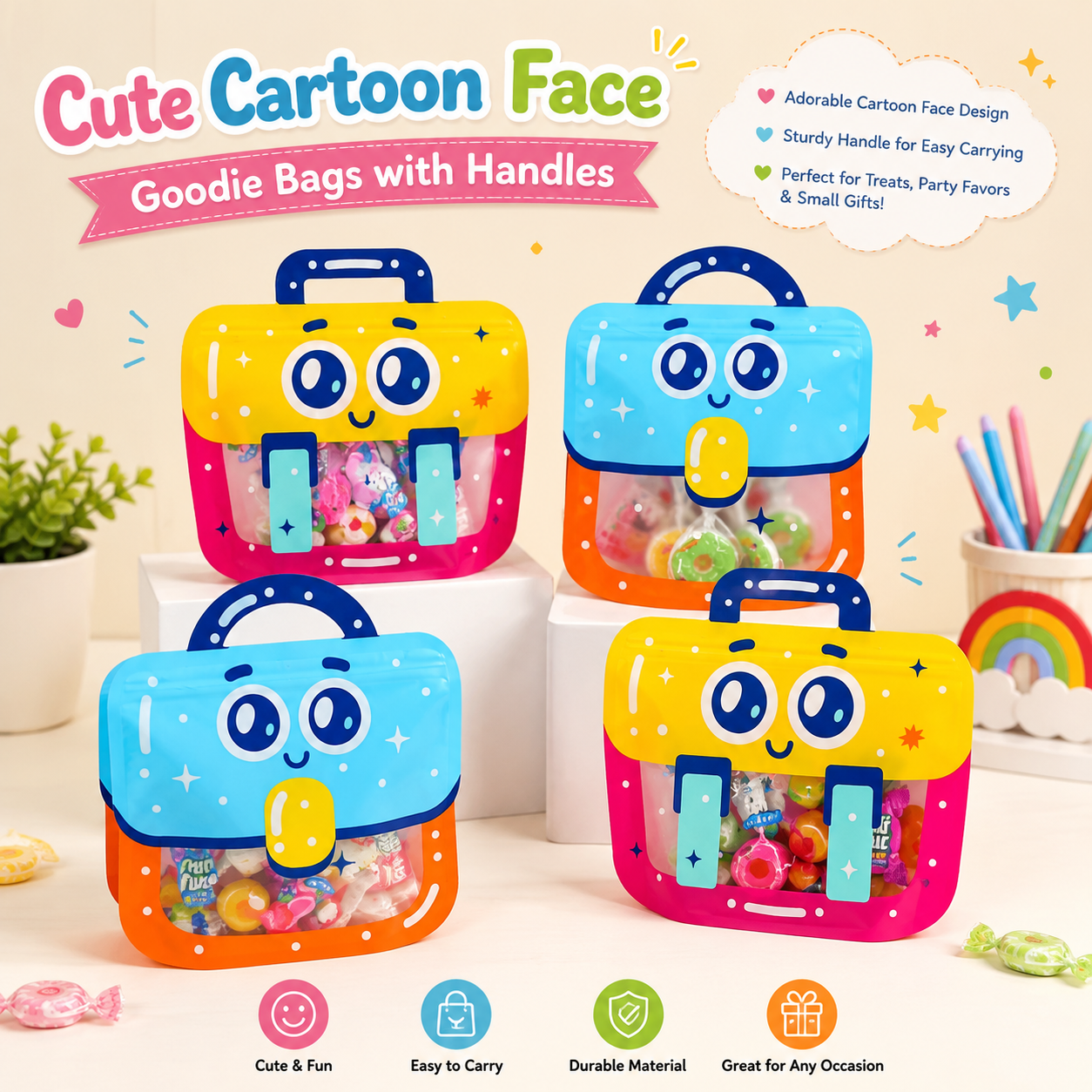 Cute Cartoon Face Goodie Bags with Handles- 1 Piece
