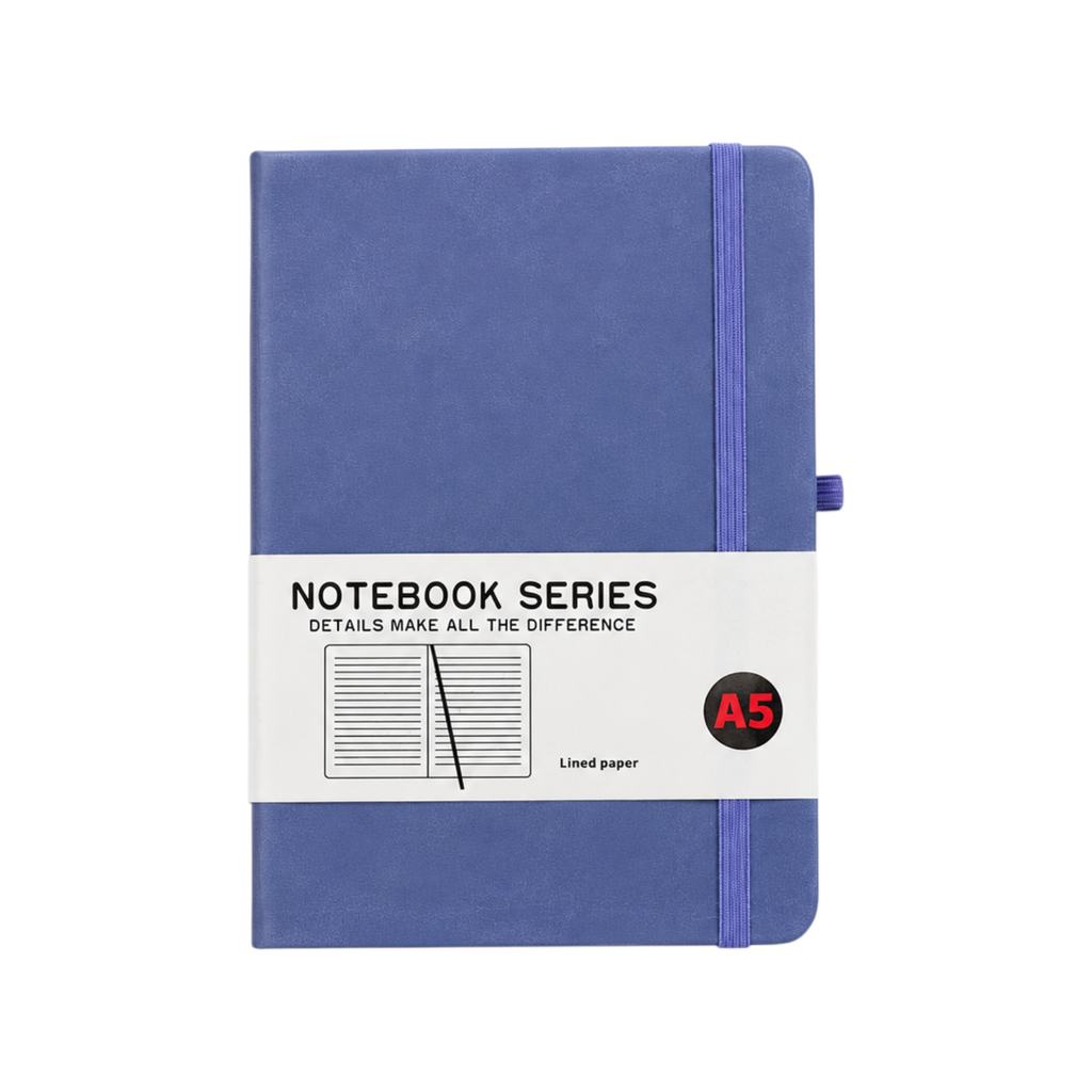 Elite Stationery House A5 hardcover business notebook in blue with an elastic closure band and 80 lined sheets