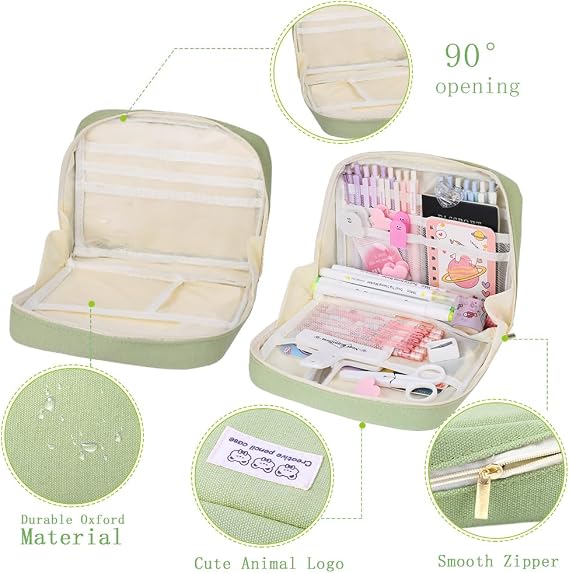 Wide Opening Pencil Case Pen Bag Pouch Olive Green
