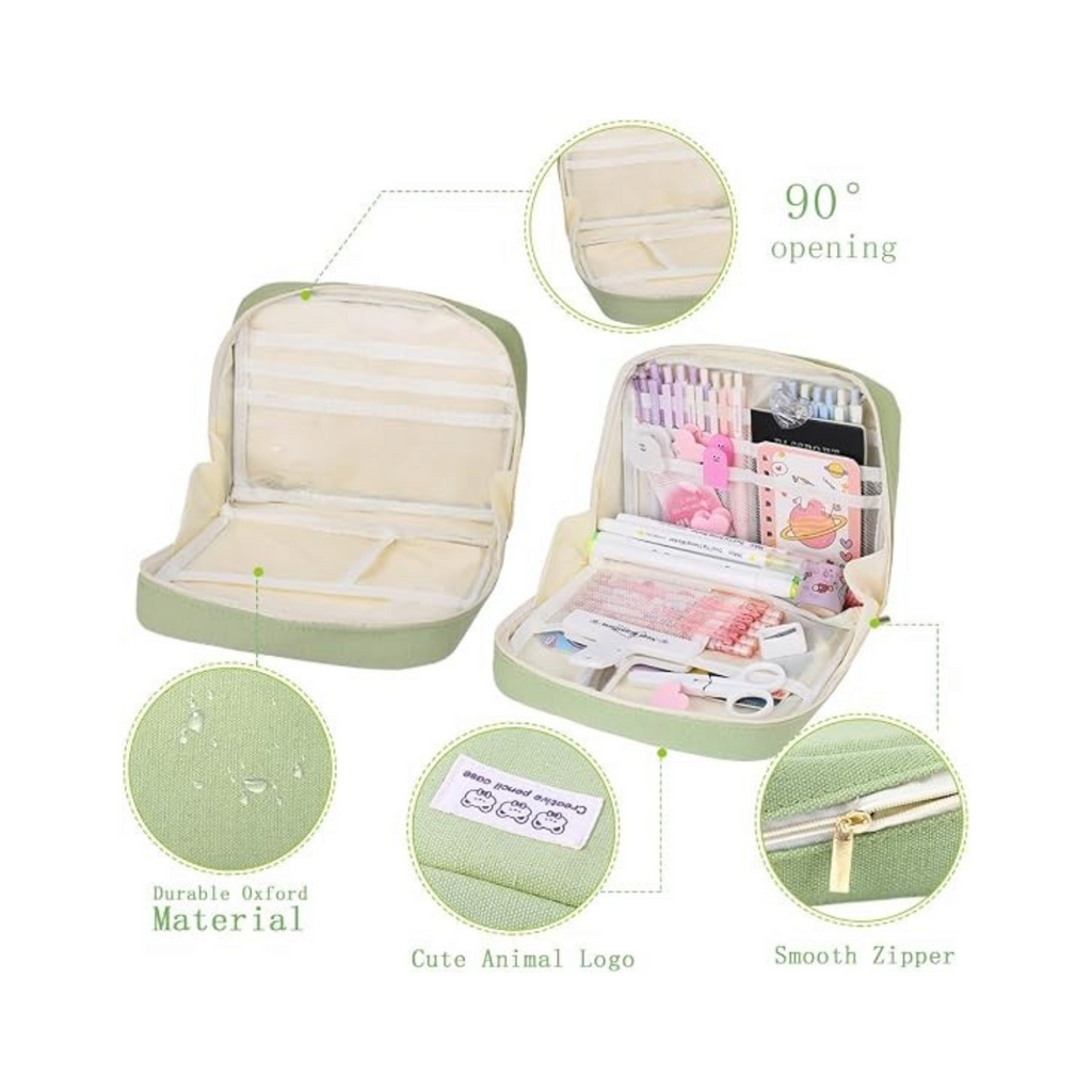 Elite Stationery House olive green wide opening pencil case with multiple interior pockets and water-resistant fabric.
