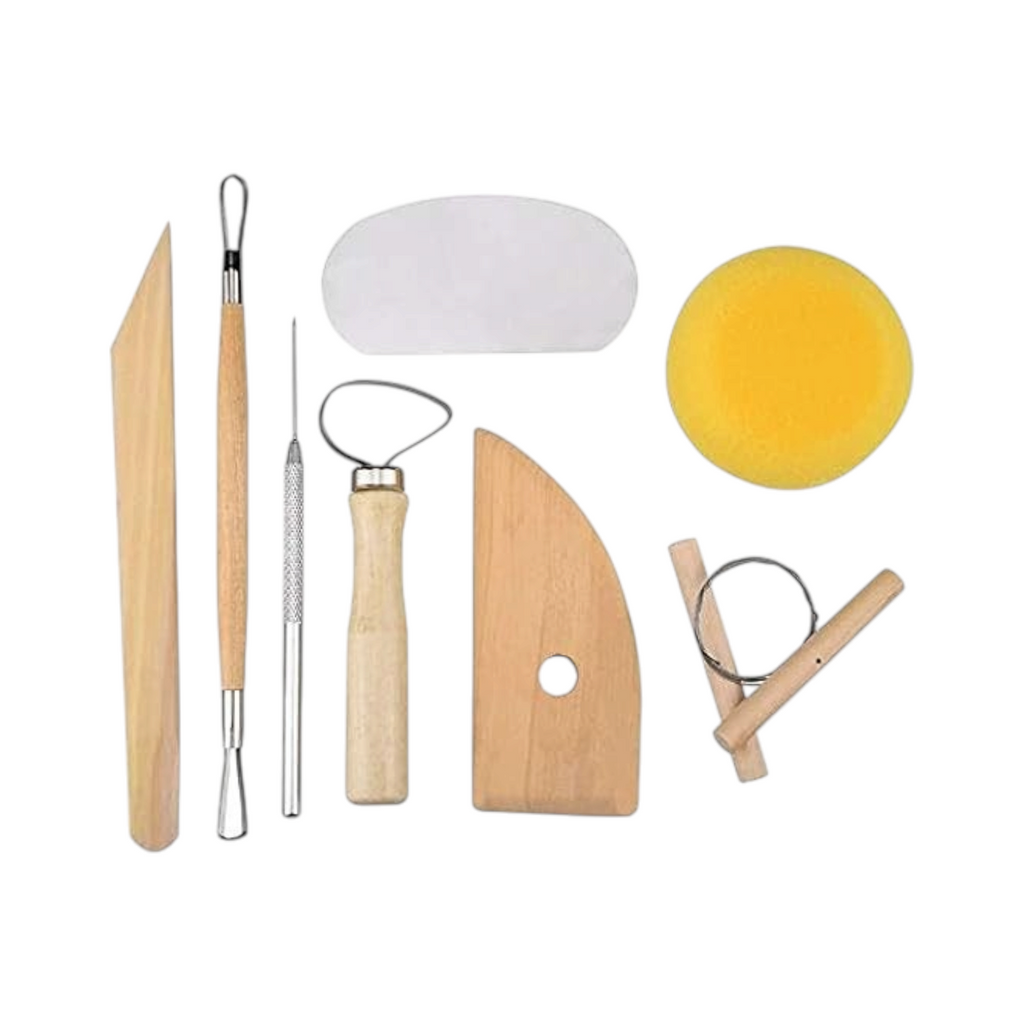 Elite Stationery House 8-piece clay and wax pottery sculpting tool kit with wooden handles, metal loops, and a sponge.