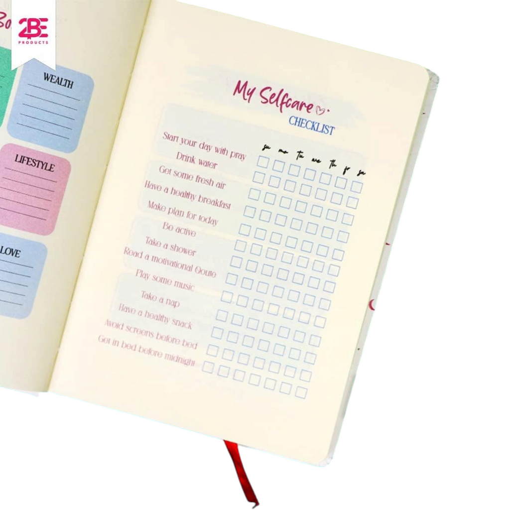 Elite Stationery House A5 cream notebook open to a self-care checklist page with daily habit tracking boxes