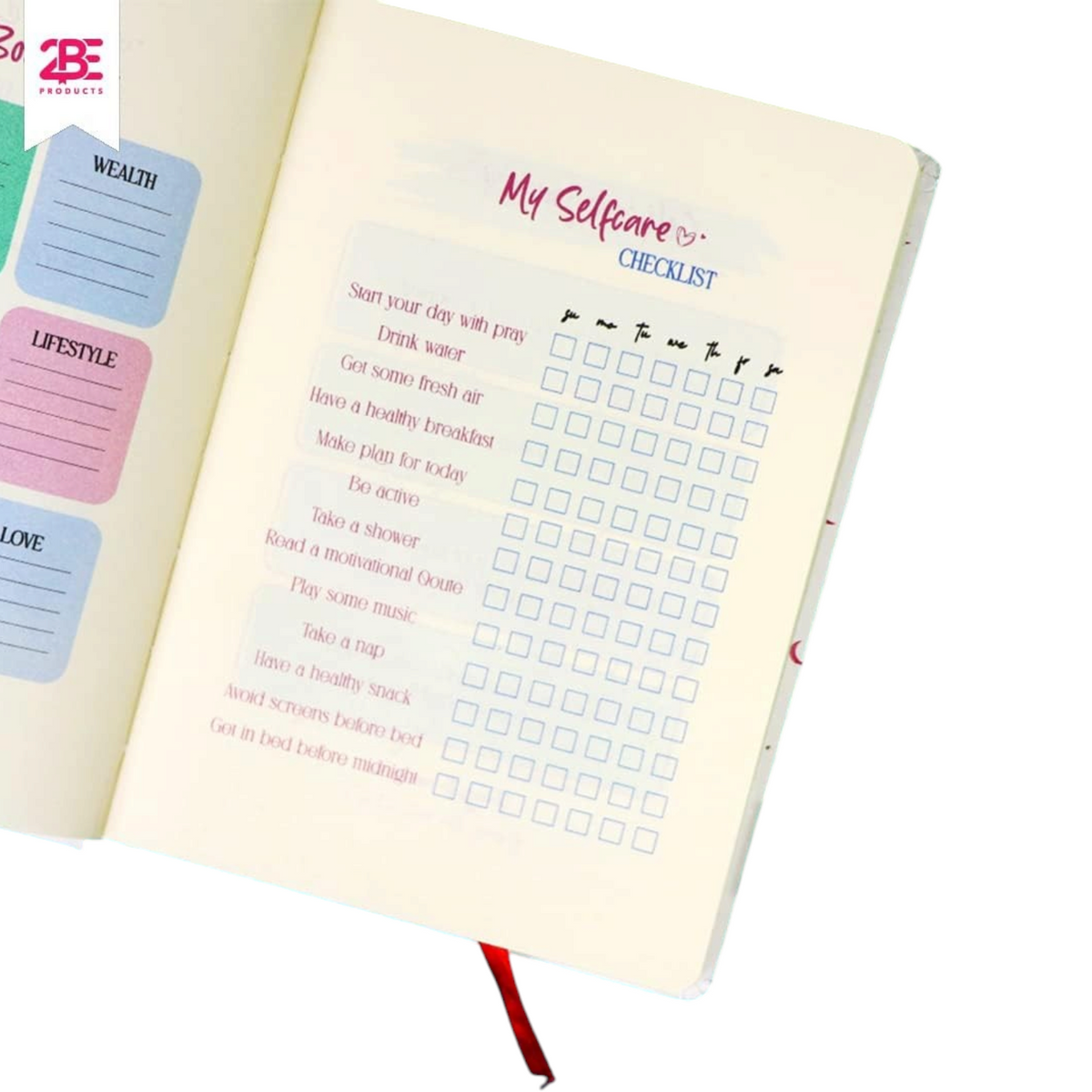 Elite Stationery House A5 cream notebook open to a self-care checklist page with daily habit tracking boxes
