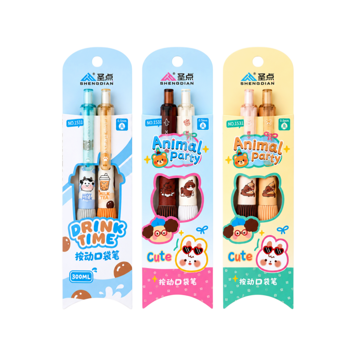 Elite Stationery House set of 0.5mm retractable pens with cute animal and drink-themed designs on display cards.