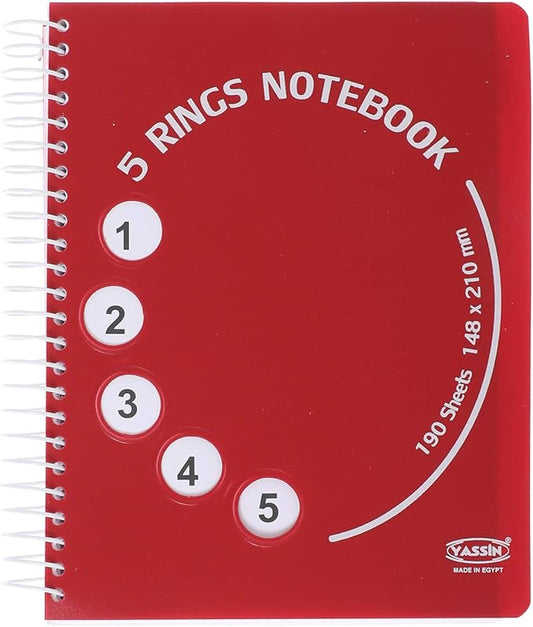 Yassin 5 rings spiral notebook, 190 sheets, assorted colours