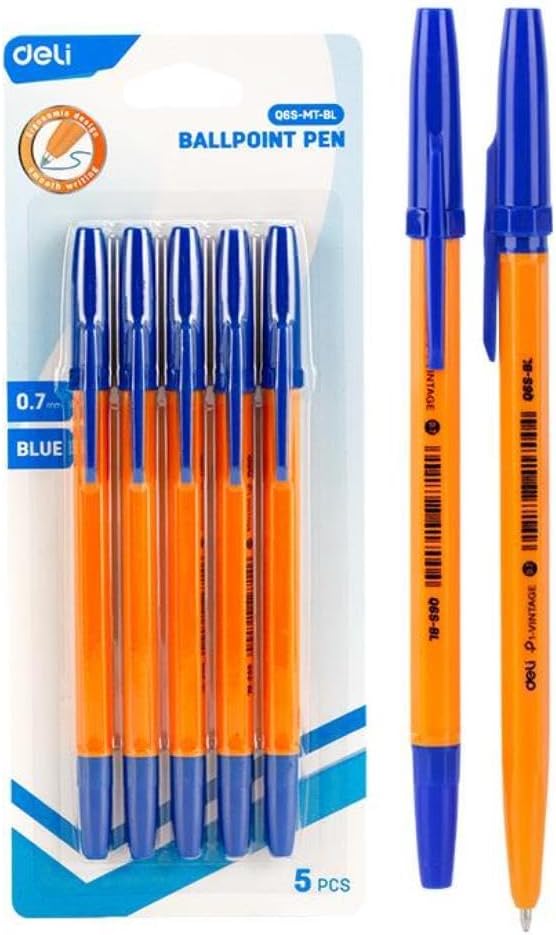 Deli Blue Ink Finepoint Ballpoint Pen, 0.7 mm Tip Size -  Pack of 5