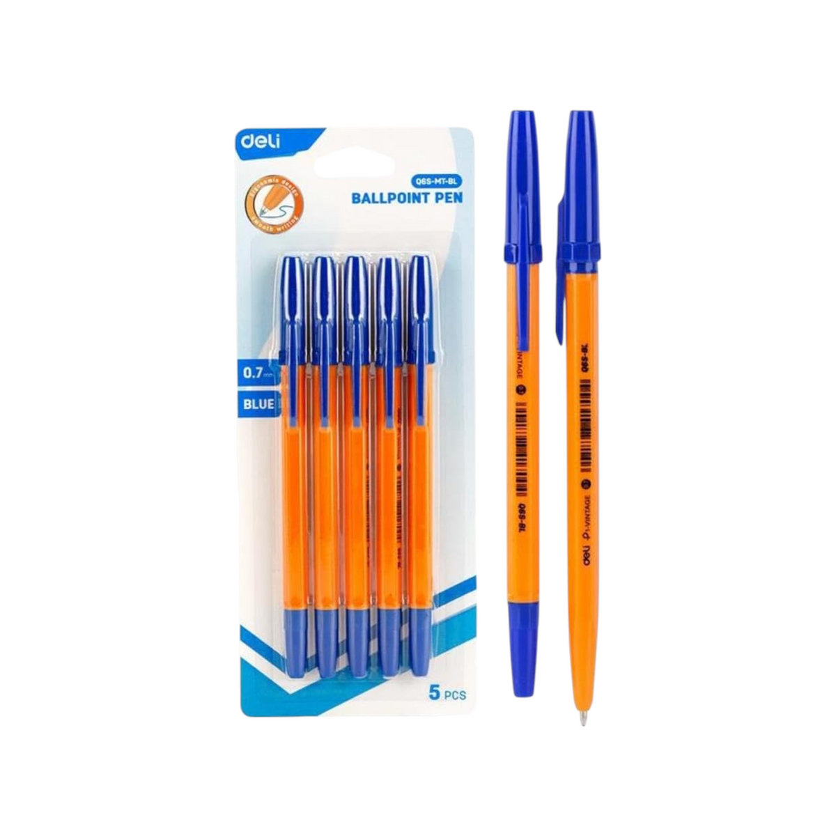 Elite Stationery House pack of five Deli ballpoint pens with yellow barrels, blue caps, and 0.7mm fine tips