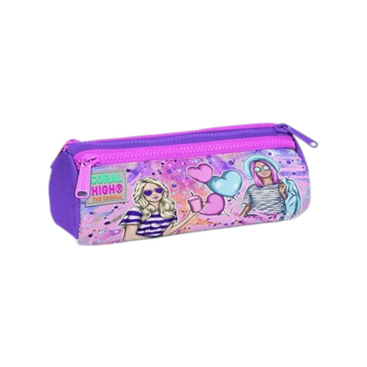 Coral High Kids Pink Purple Fashion Girl Patterned Three Compartment Pencil Bag