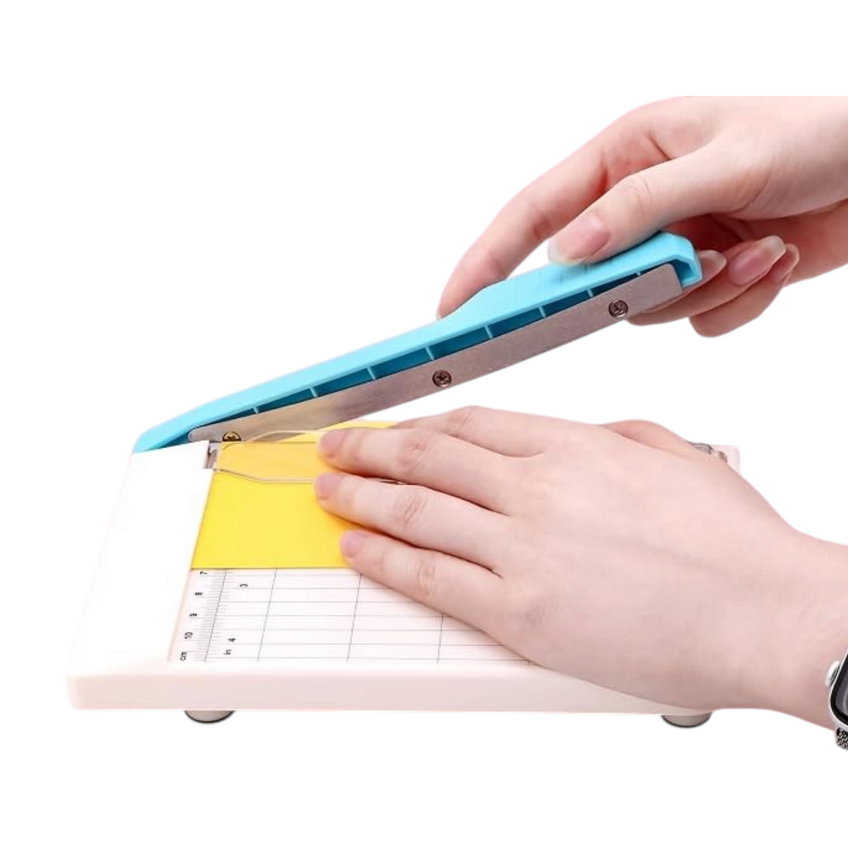 Elite Stationery House A6 manual guillotine paper cutter with a blue handle and finger guard trimming yellow paper