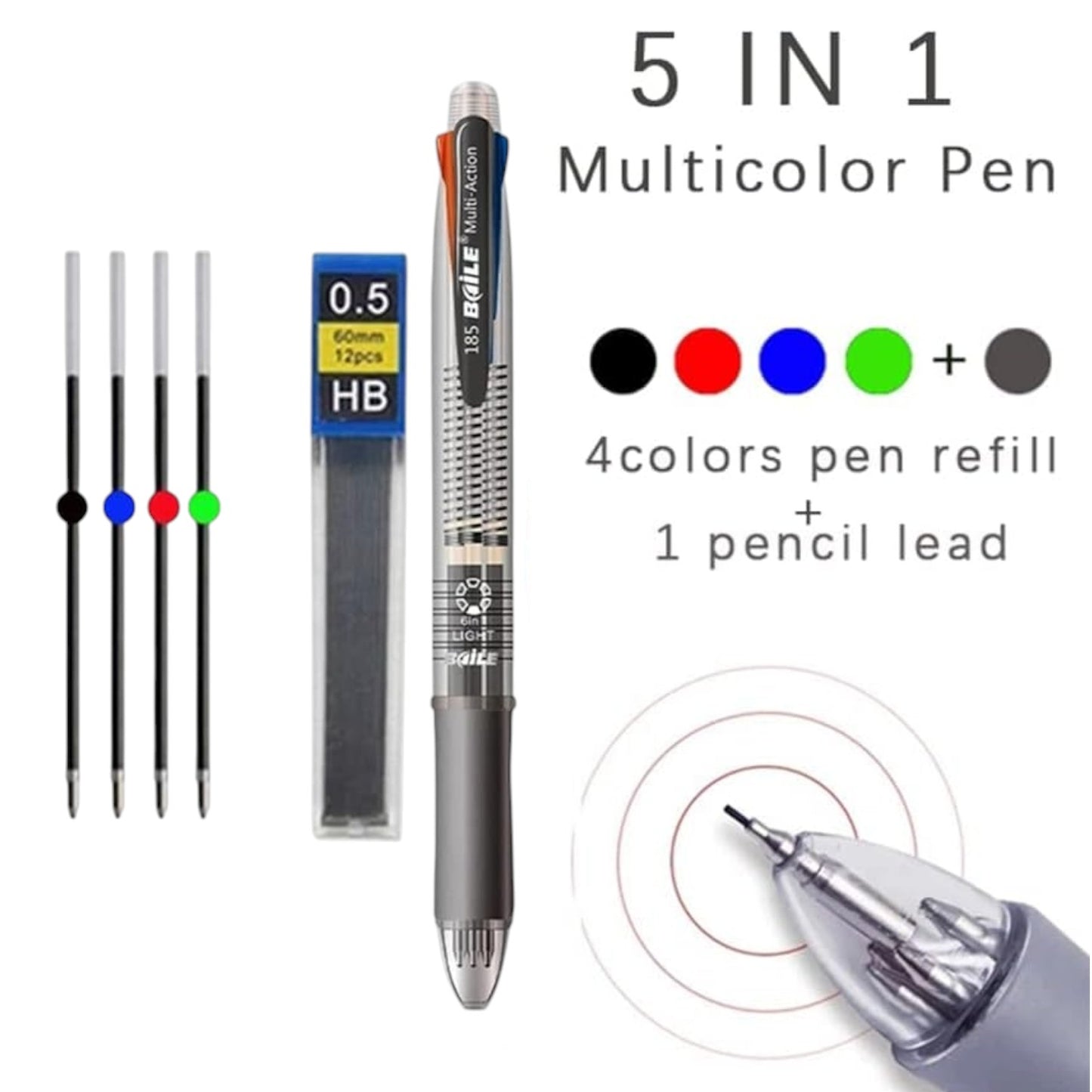 Five-in-one Multi-Color Ballpoint Pen Automatic Pencil with Eraser 0.5mm
