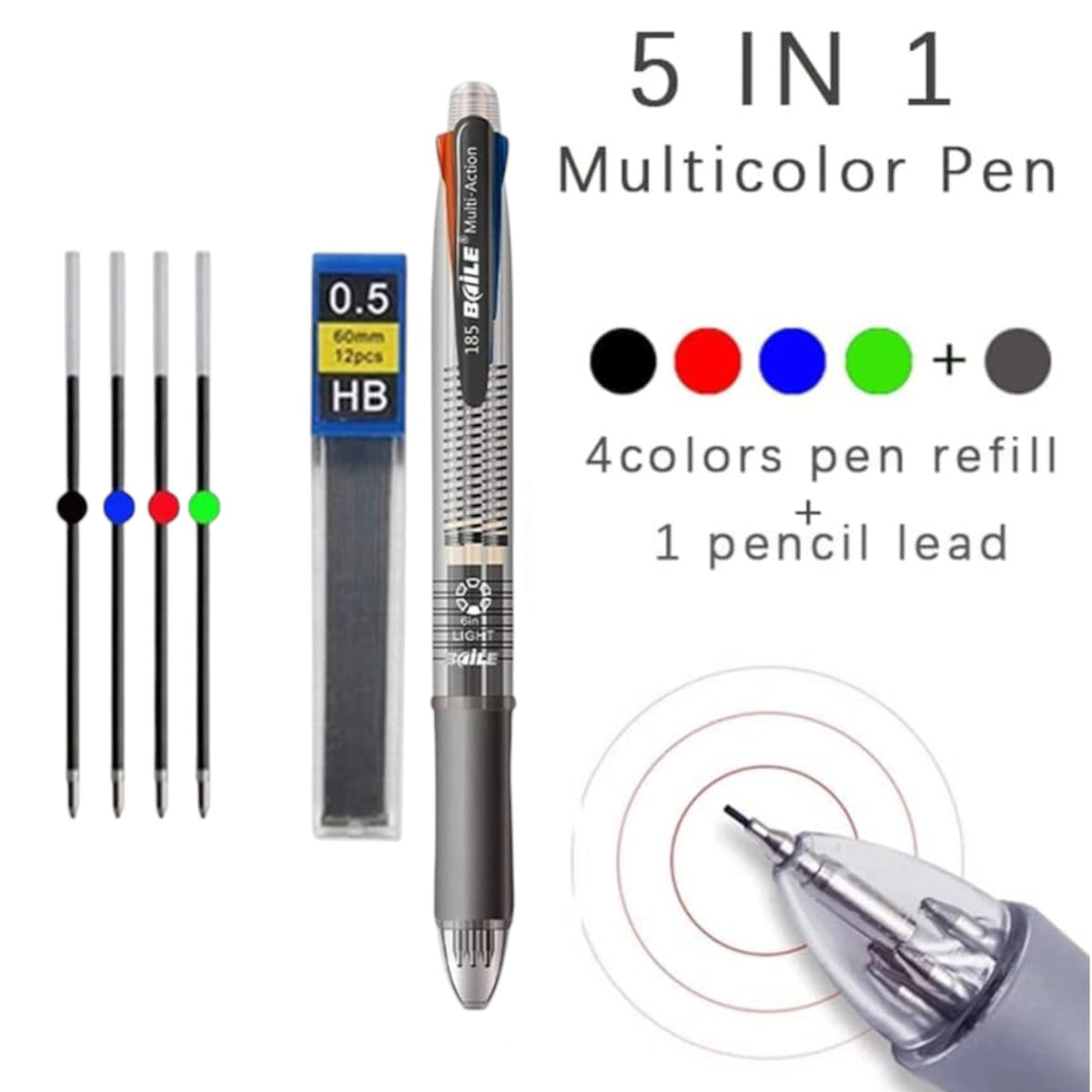 Five-in-one Multi-Color Ballpoint Pen Automatic Pencil with Eraser 0.5mm