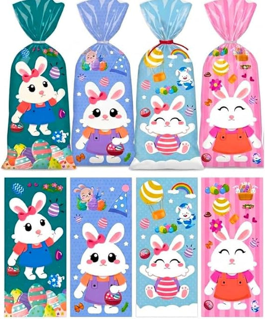 Easter Bunny Party Gift Bags with Ties, 25x17cm Plastic Goody Bags for Kids