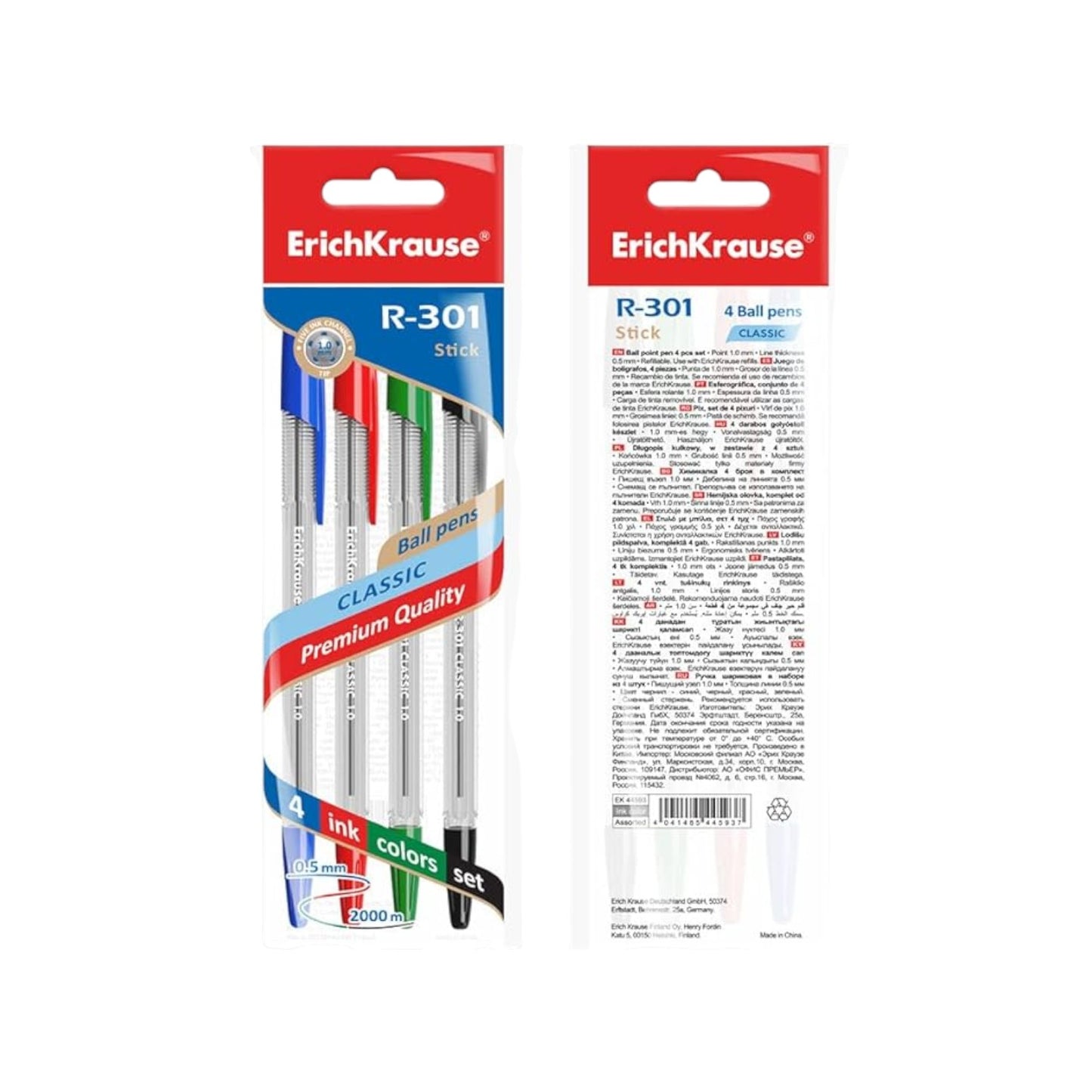 Erich Krause Ballpoint Pen Set - 4 Pieces (red, blue, black, green) 0.7mm Model R301 Classic