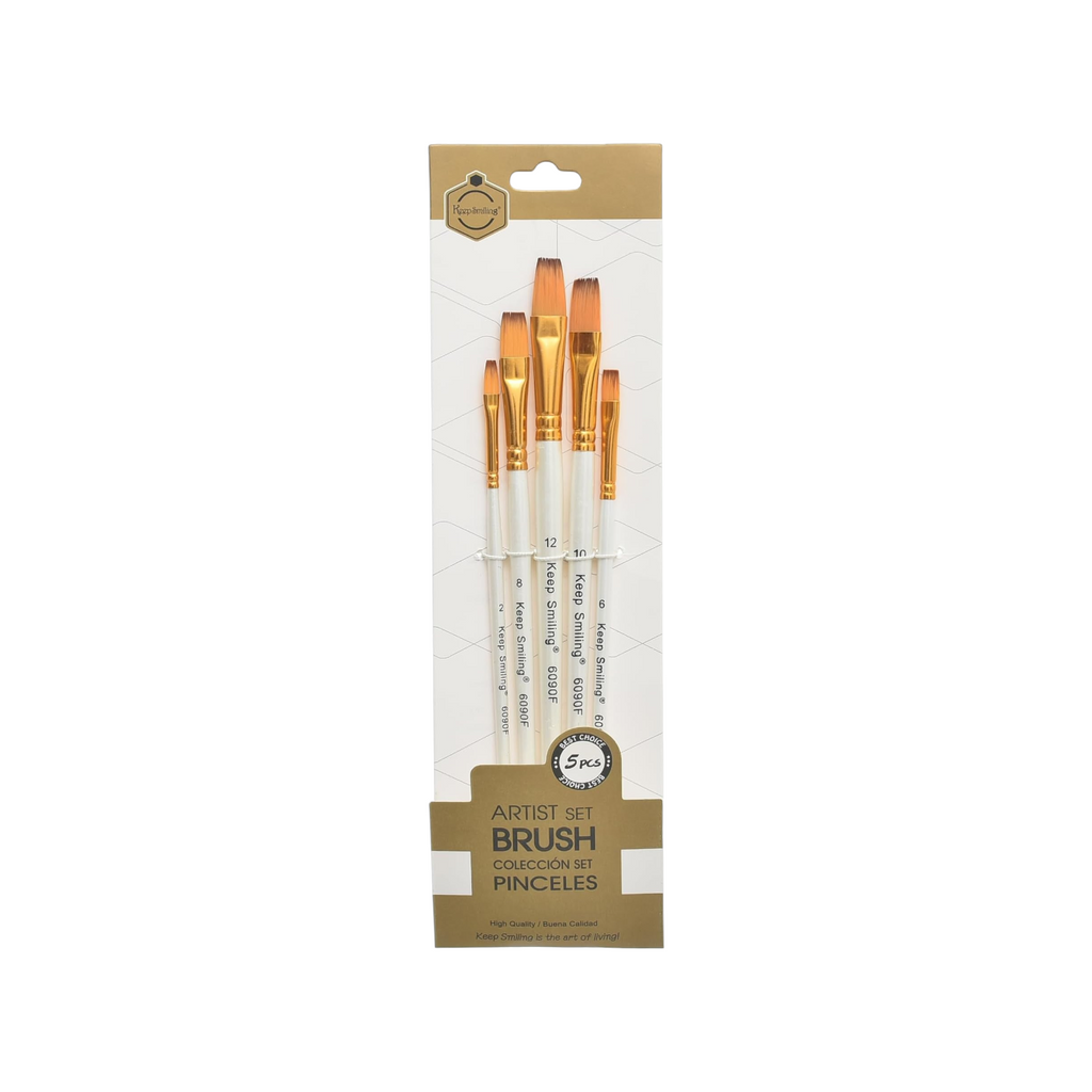 Elite Stationery House Keep Smiling 5-piece cat tongue artist brush set with white handles and gold ferrules