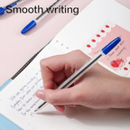 Elite Stationery House Deli blue ball point pen with 0.7mm bullet tip being used to write in a notebook