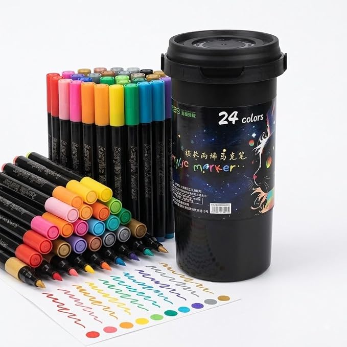 Acrylic Marker Set, 24 Colors, Dual Tip, with Storage Canister