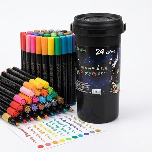 Acrylic Marker Set, 24 Colors, Dual Tip, with Storage Canister