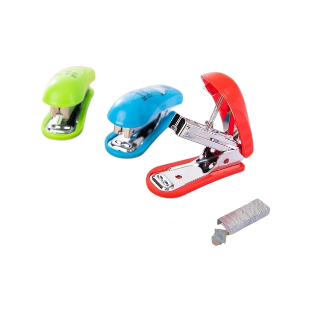 Elite Stationery House Deli e0253 mini staplers in red, blue, and green on a desk with staples and paper