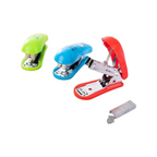 Elite Stationery House Deli e0253 mini staplers in red, blue, and green on a desk with staples and paper