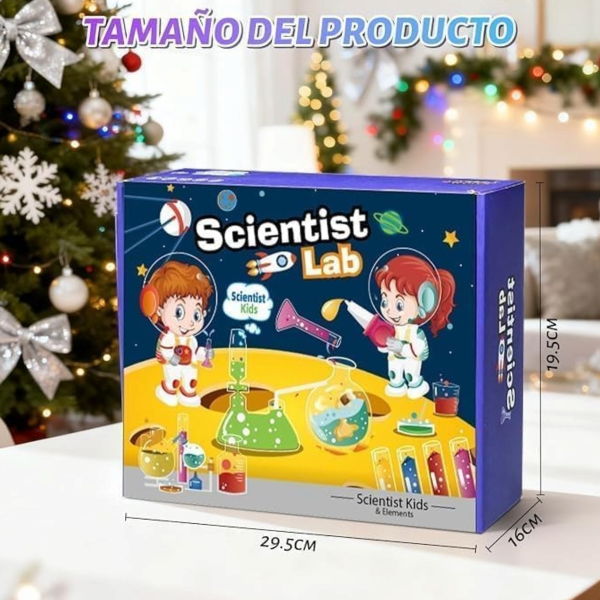 Elite Stationery House Scientist Lab STEM experiment kit box for kids with space-themed illustrations and dimensions