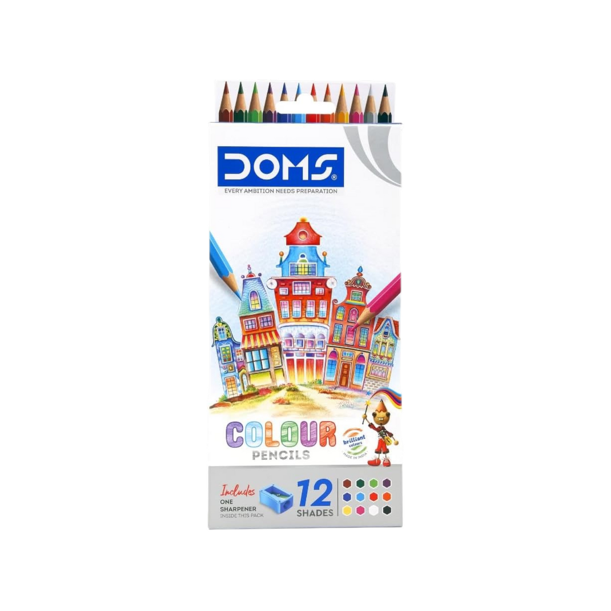 Elite Stationery House Doms 12 pack of long hexagonal coloured pencils with included sharpener in a cardboard box