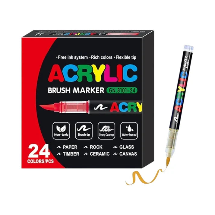 24 Set of Soft Brush Tip Acrylic Markers, Quick-Drying Waterproof