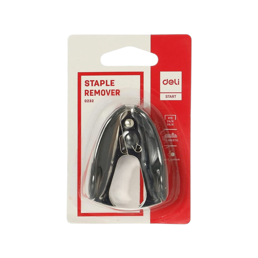 Elite Stationery House Deli 232 black staple remover in retail blister packaging for office and school use