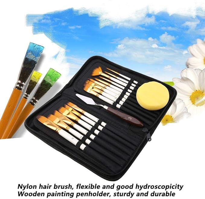 17Pcs Artist Paint Brush Set with Carrying Black Case Knife Sponge