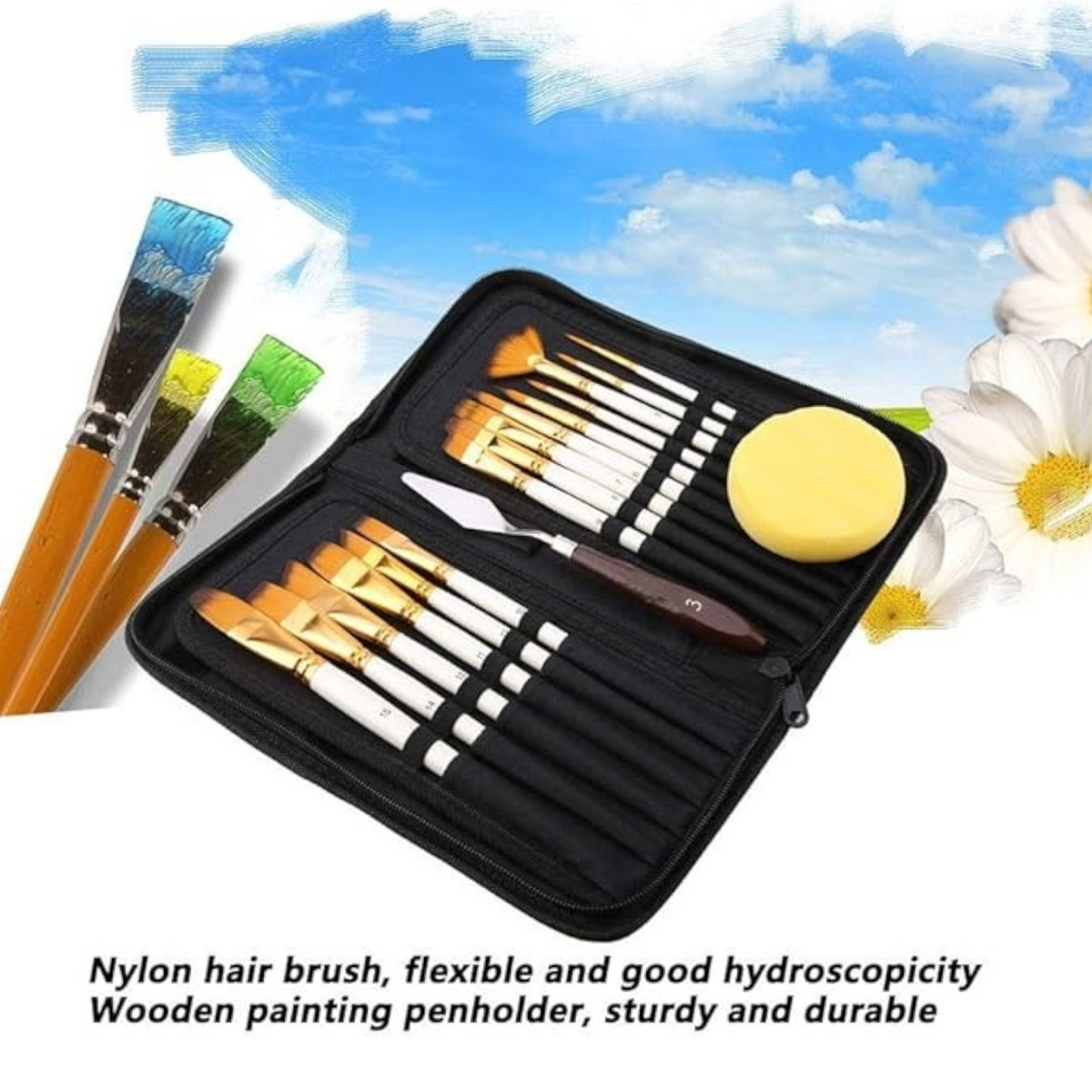 Elite Stationery House 17-piece artist paint brush set with nylon brushes, palette knife, sponge, and black carry case.