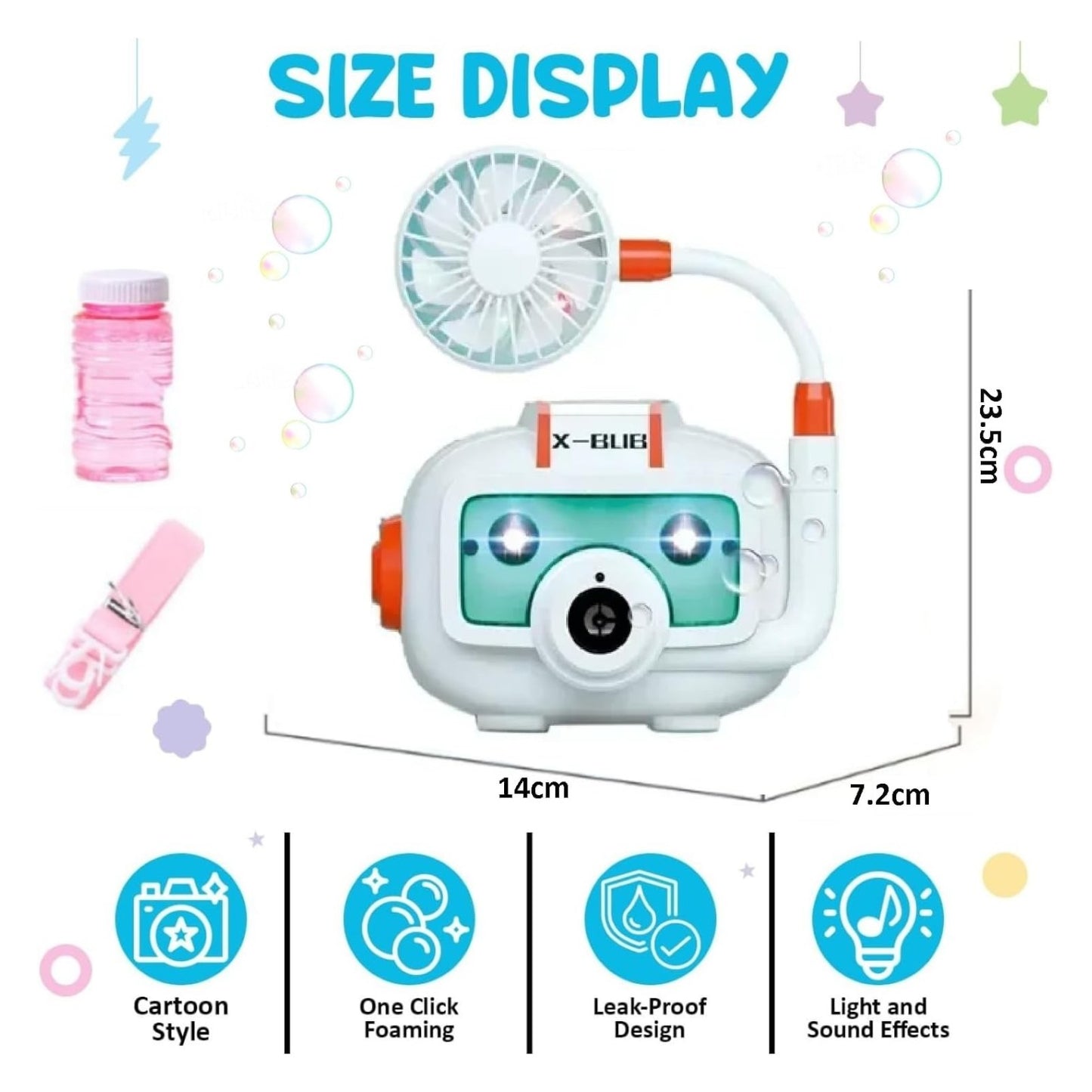 Bubble Camera Machine Toy with Light & Music, Electric Fan