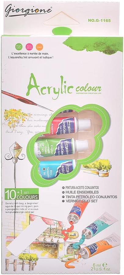 Giorgione G-1165 Non-Toxic Acrylic Colour With Paint Brush Set Of 10 Tube 6ml - Multi Color