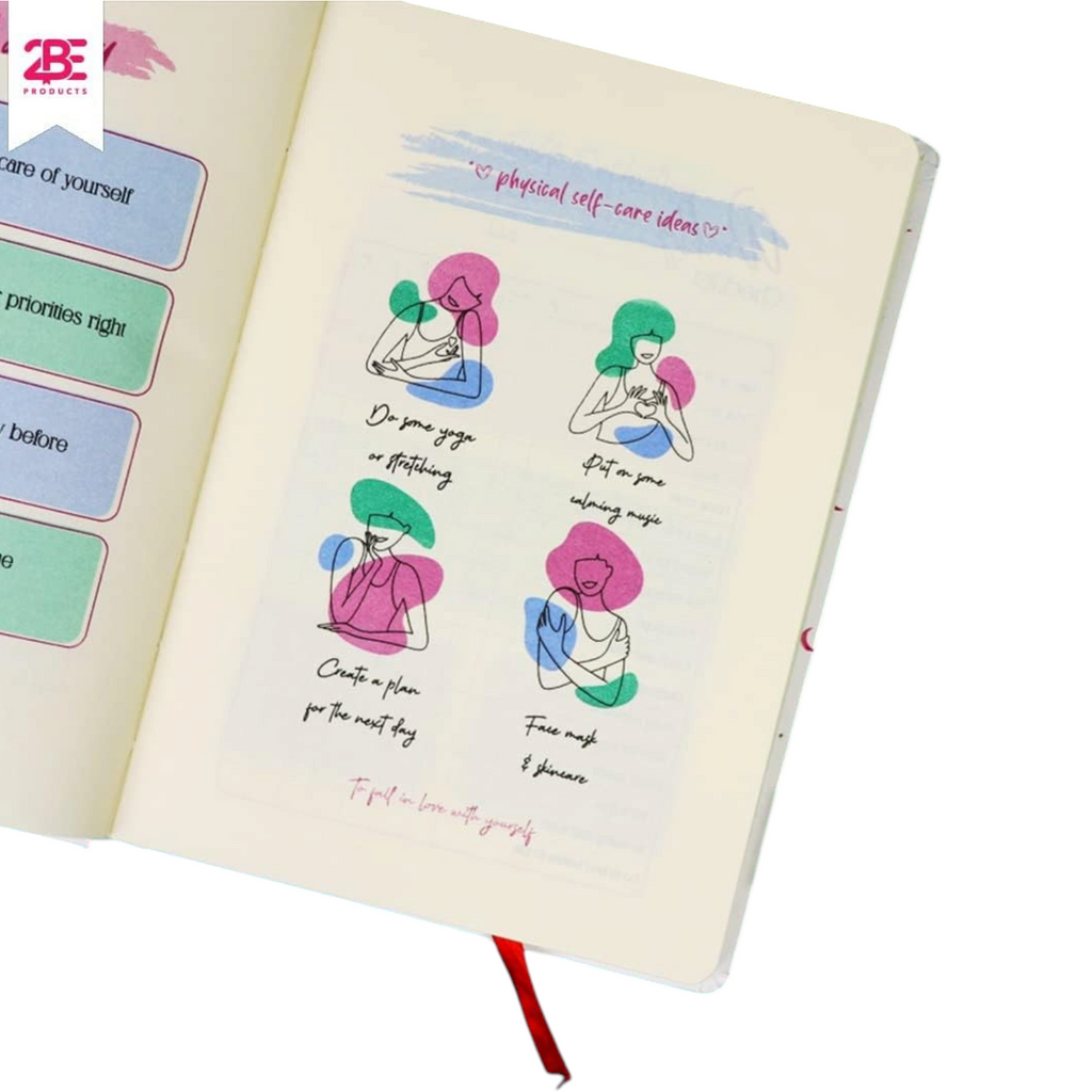 Elite Stationery House A5 cream paper notebook with printed self-care illustrations and a red ribbon bookmark