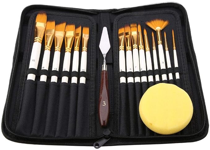 17Pcs Artist Paint Brush Set with Carrying Black Case Knife Sponge