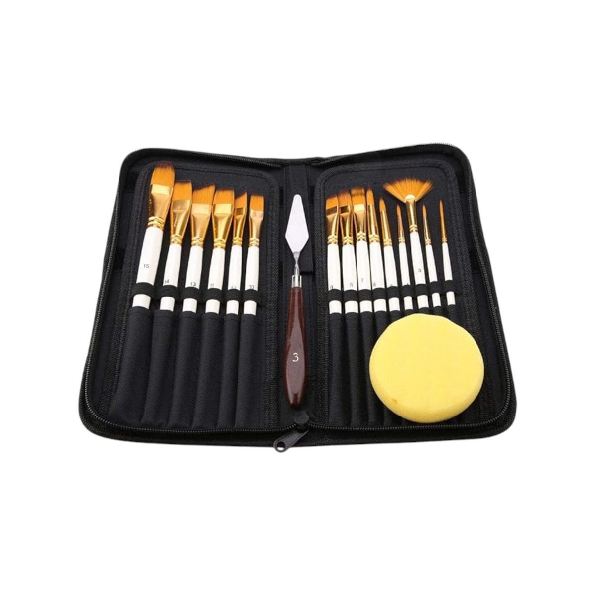 Elite Stationery House 17-piece artist paint brush set with nylon brushes, palette knife, and sponge in a black case