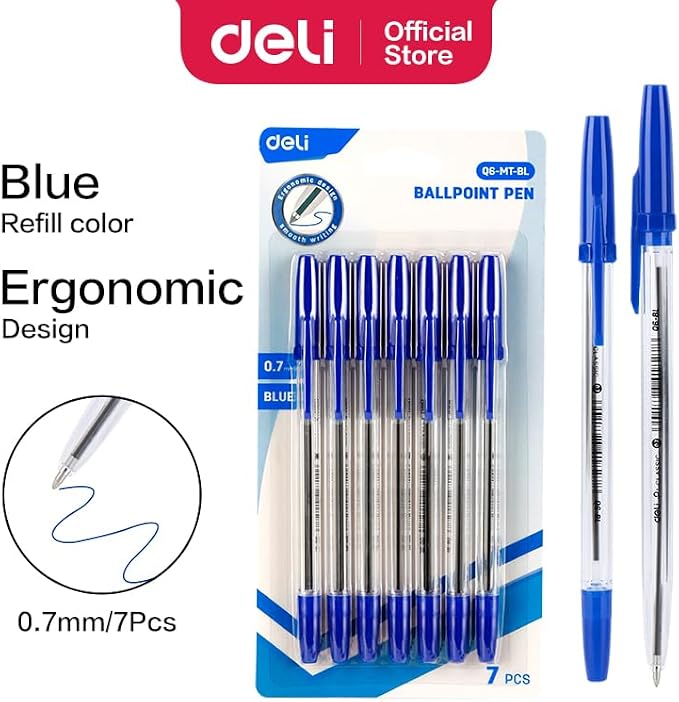 Deli EQ6-MT-BL Ball Point Pen, 0.7 mm Bullet Tip, Blue- Pack of 7