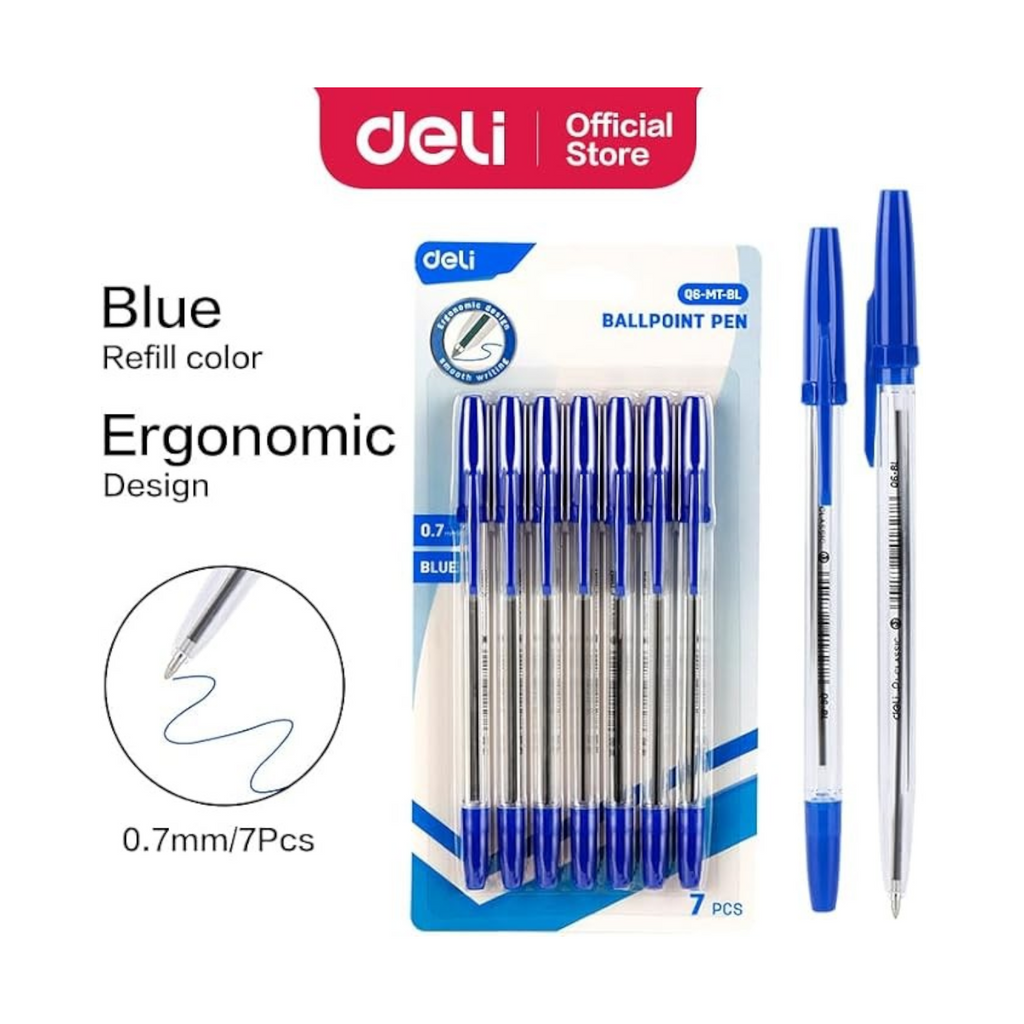 Elite Stationery House Deli blue ballpoint pens with 0.7mm bullet tips in a 7-pack blister card packaging
