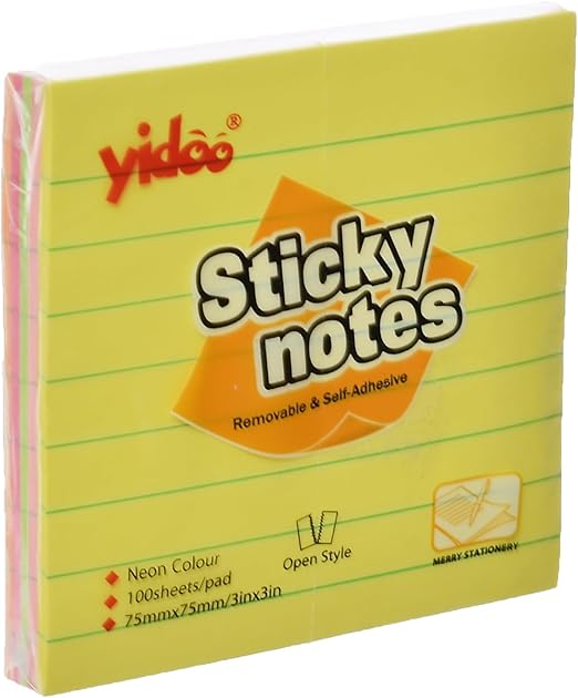 Yadoo Sticky Notes, Ruled Fluorescent, 75x75mm, 100 Sheets