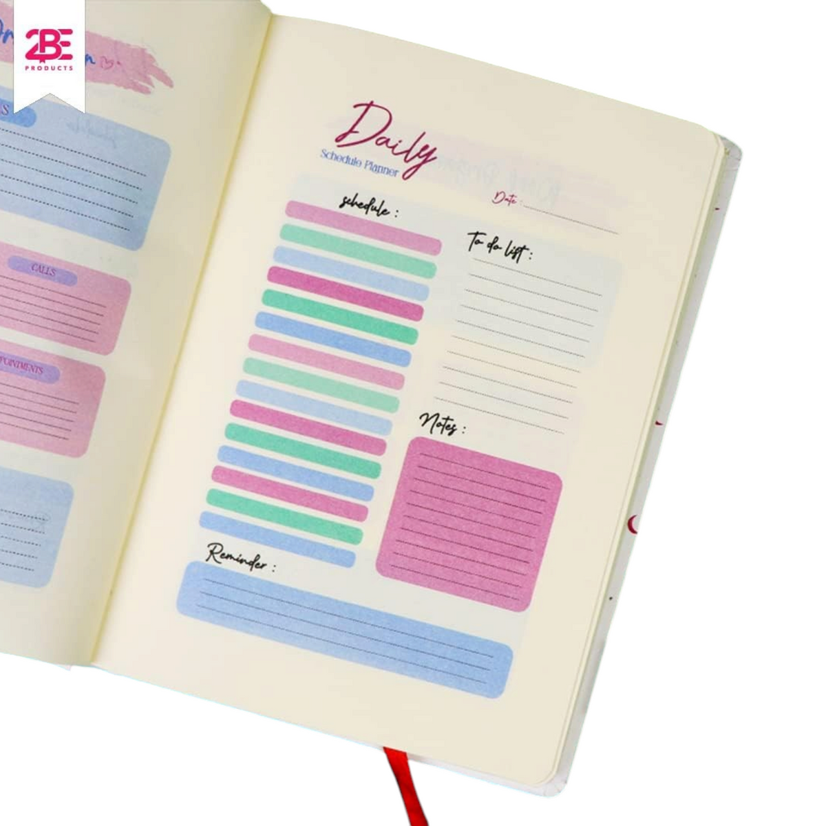 Elite Stationery House A5 cream paper notebook with a colorful daily planner layout and red ribbon bookmark