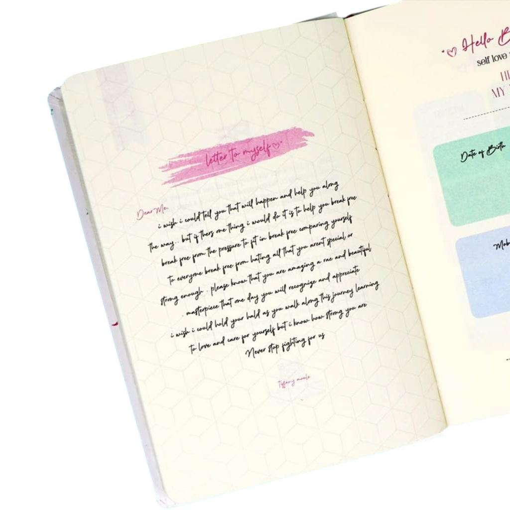Elite Stationery House A5 plastic-bound notebook with cream-colored pages featuring a Letter to Myself template